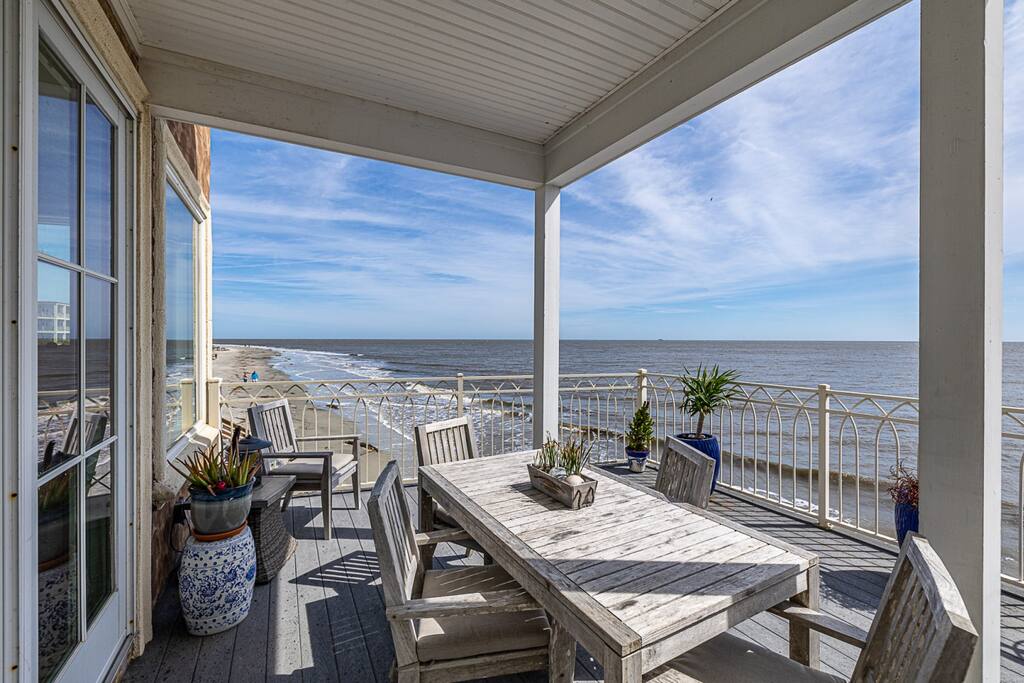 Outdoor dining area outside of main living area.
