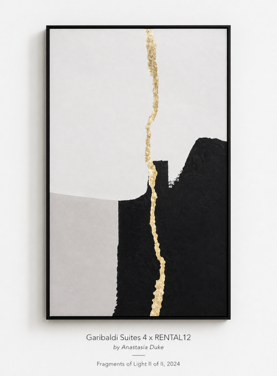 Fragments of Light Panel II — gold, black and white framed painting, individual panel II of the duo at Garibaldi Suites #4