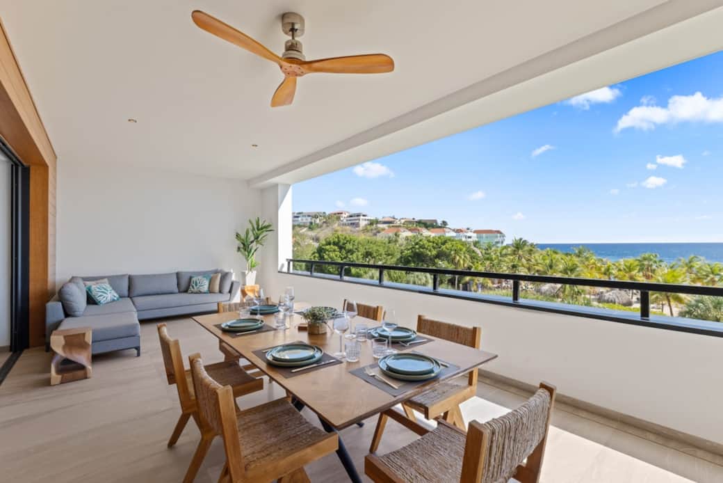 The beach is in front of The Shores, about 3 to 4 minutes walk. Stunning Caribbean Sea views!