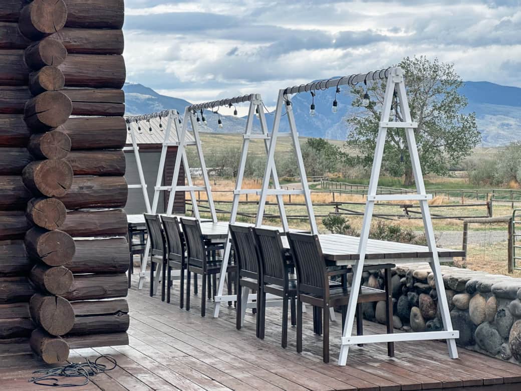 Outdoor dining for 18 people - lights, privacy, and mountain views!