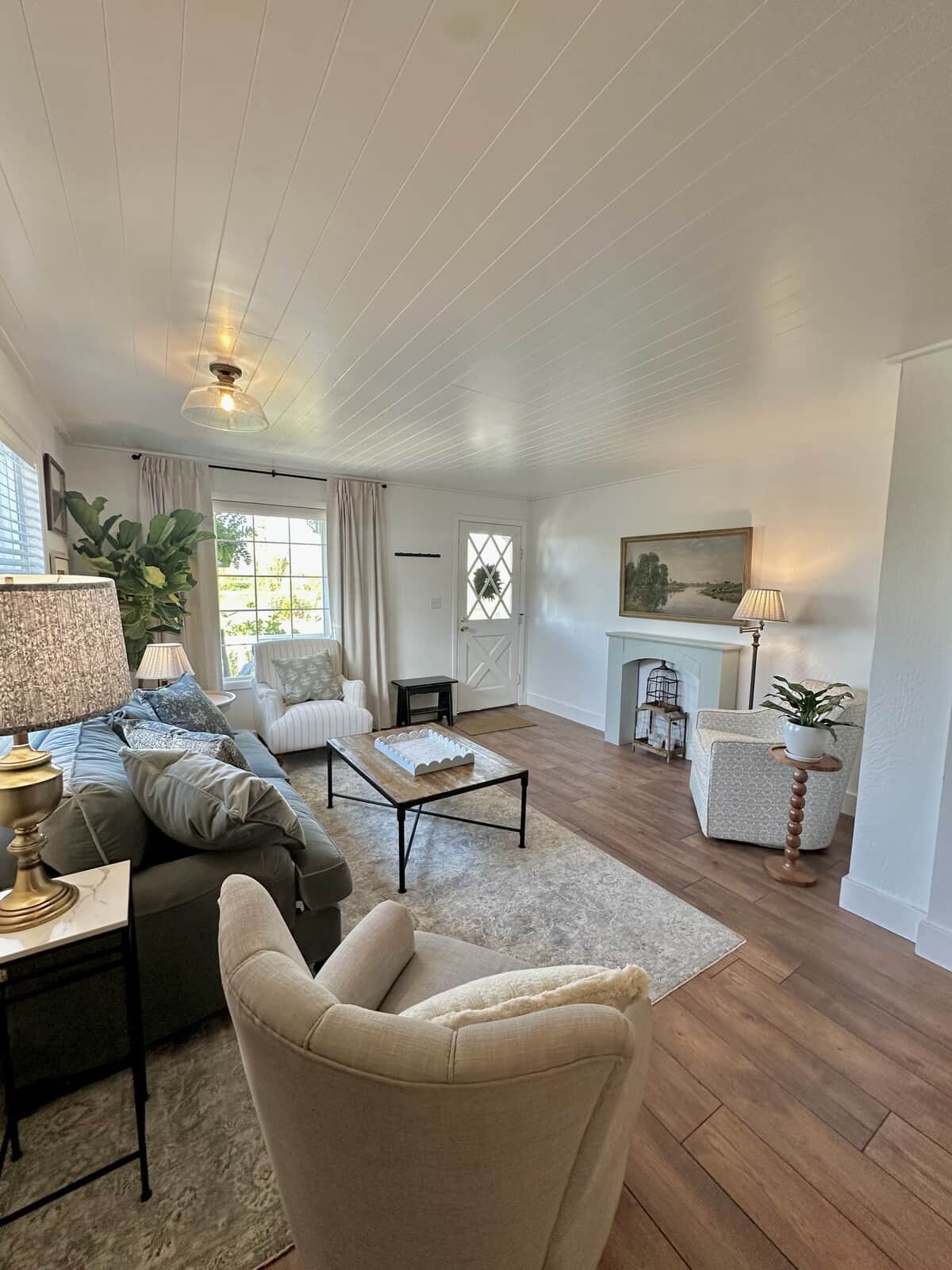 Family room with picture frame tv