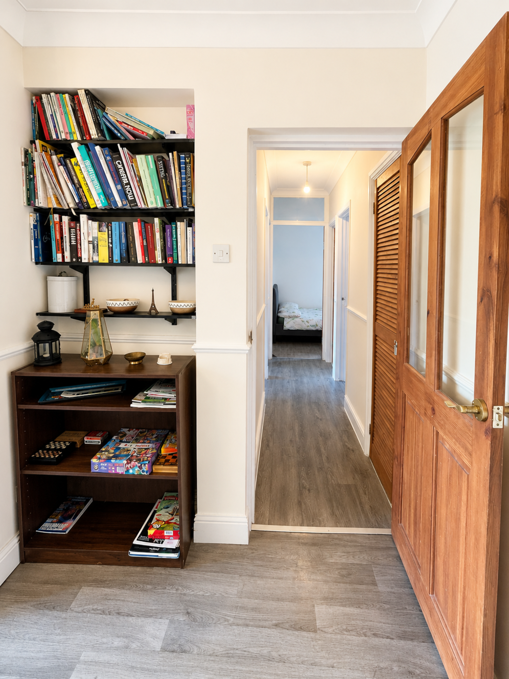 Hallway connecting the bedrooms, bathroom and living areas