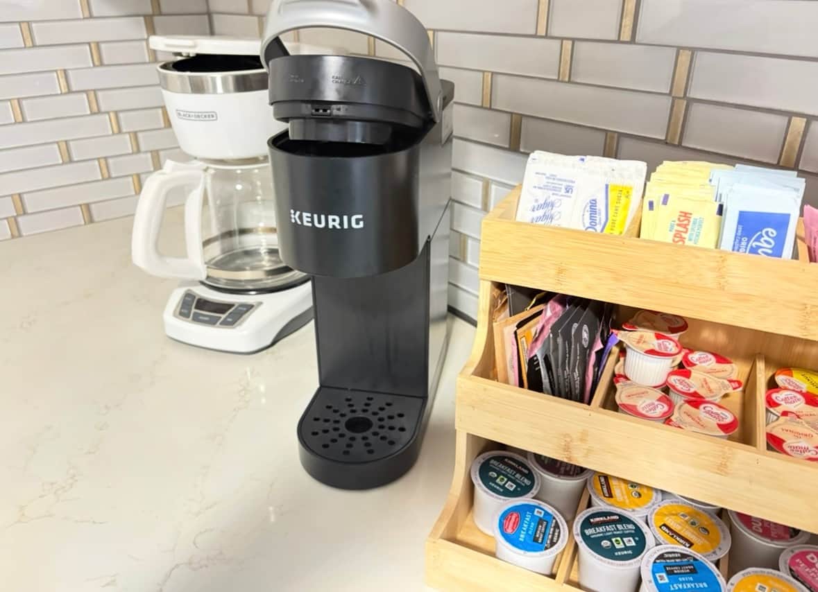 Drip and Keurig coffee available with a tea kettle tucked away also available.