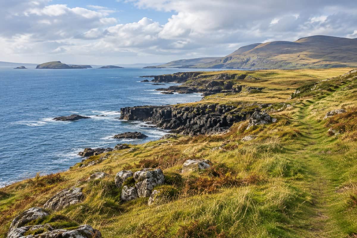 AI illustration: grassy coastal path above low rugged cliffs and Atlantic water