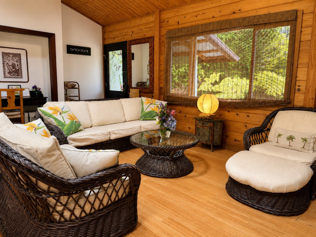 Living room, nook, hallway from fireplace view point