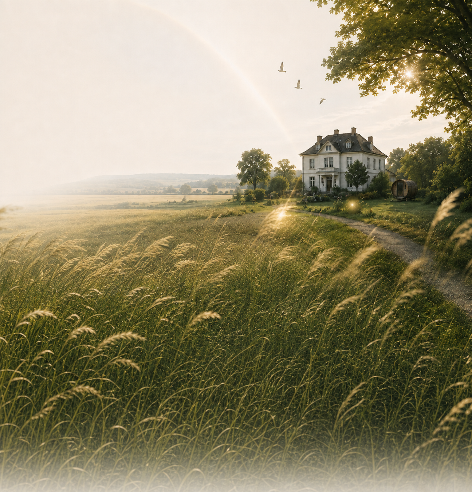 Illustration der Villa Jade Juwel zwischen Feldern in der Marschlandschaft von Jade