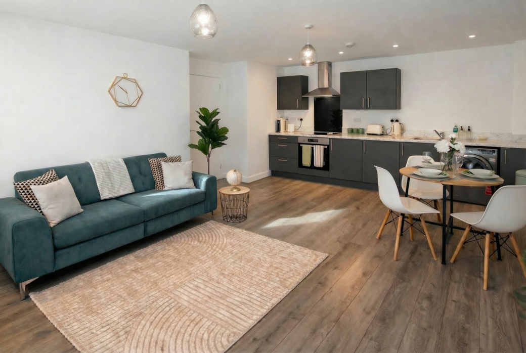 Calm, open-plan living space designed for longer stays Calm, open-plan living space designed for longer stays
