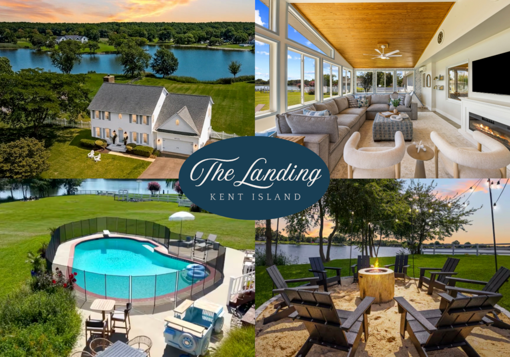 The Landing is a waterfront vacation home with private pool, fire pit, and spacious yard. It is family-friendly with 5 bedrooms and plenty of spaces to gather. Located near Annapolis, Kent Narrows, Easton, Naval Acamedy, wedding venues, and St. Michaels.