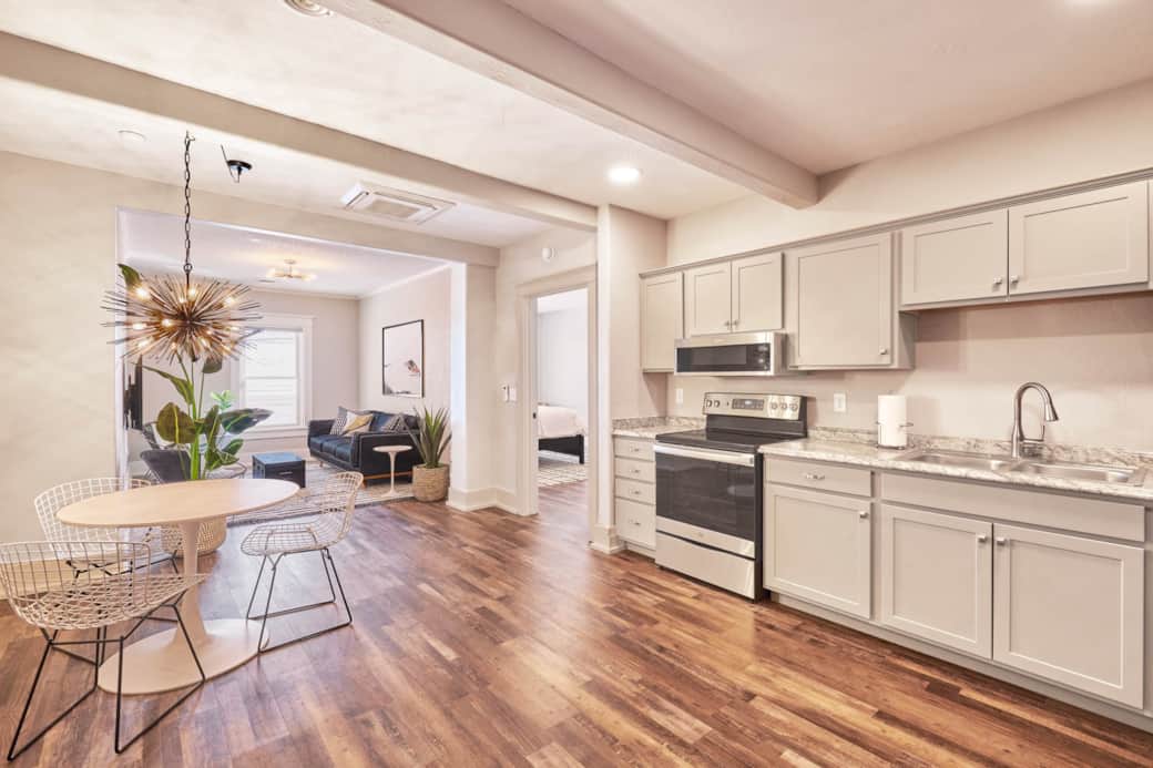 This spacious suite is appointed with black and white retro decor.