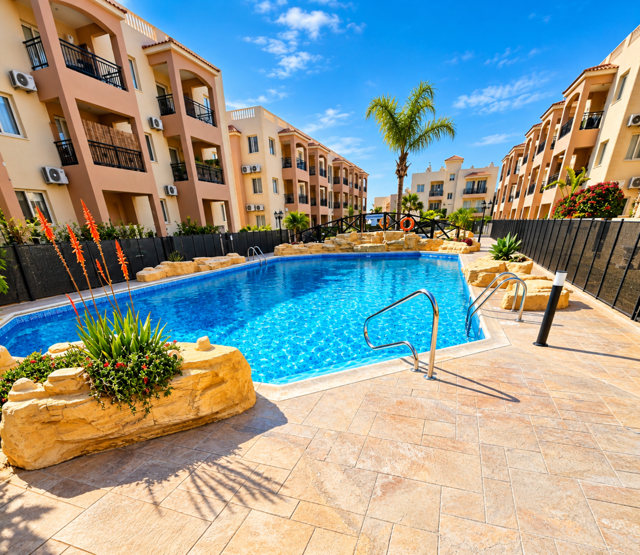 Stunning pool area with sunbeds