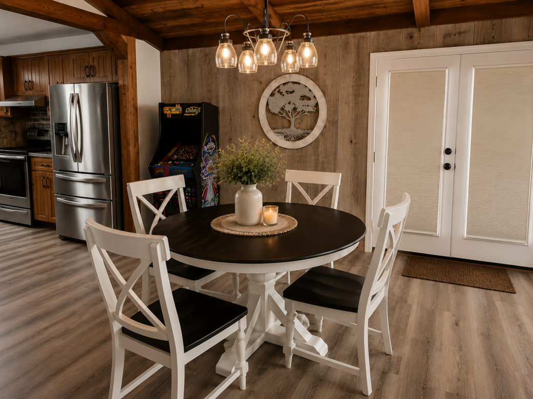 Rustic dining with lake views, arcade fun, and easy access to the outdoor deck