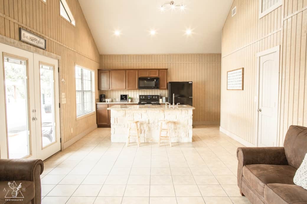 Kitchen....we have a picnic table in this house for dining.