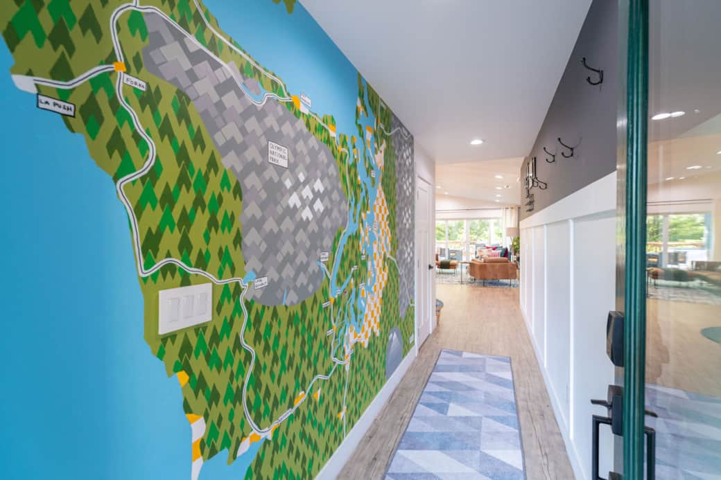 Entryway and Mural Map painted by Mike Bolsinga of Portland.