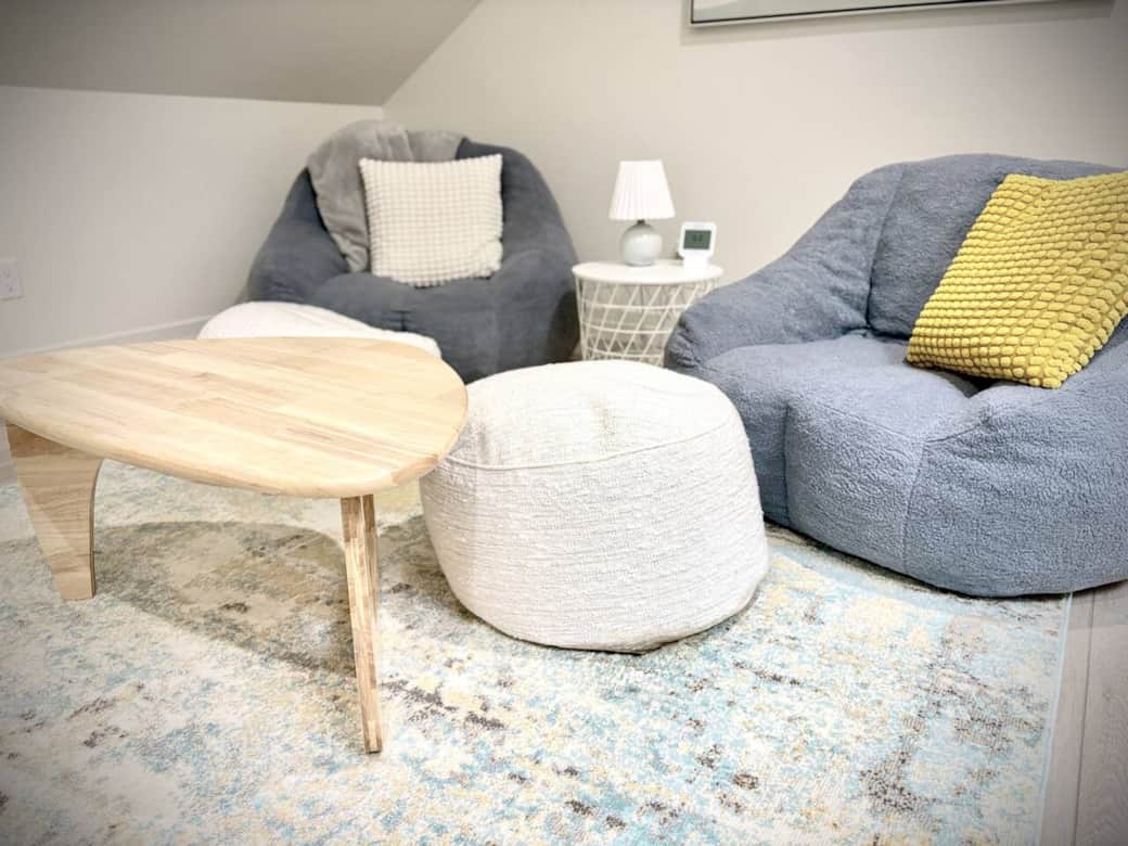 Comfy teddy bear bean bag  chairs to relax, read and catch up  with friends and family. The loft has low ceiling areas - please watch your head.