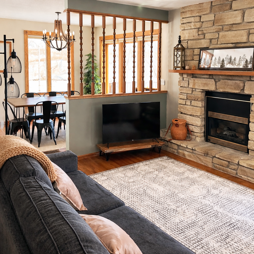 Inviting living area with stone fireplace and a 50-inch Roku TV.