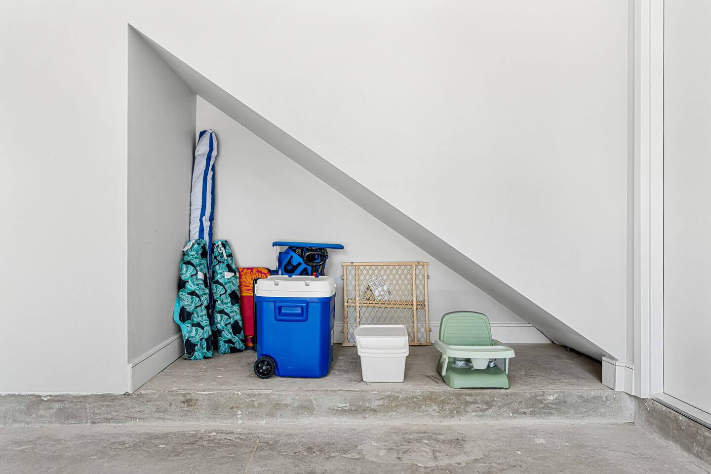 Convenient storage for all your vacation essentials, tucked neatly inside the garage.