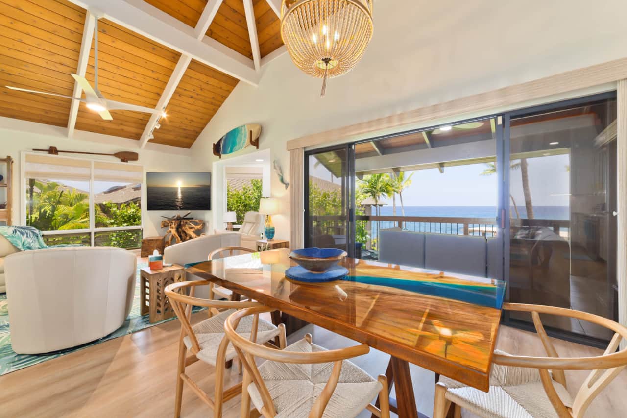 Dining room with a view, new epoxy blue table, seats 7
