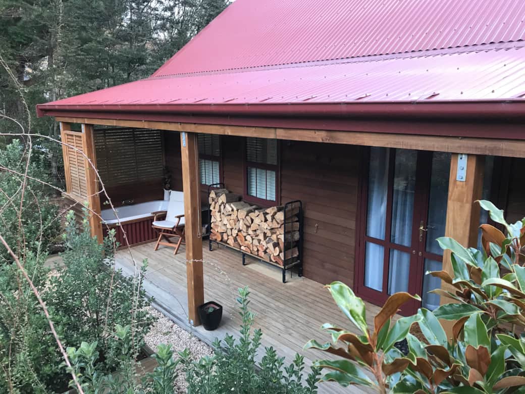Looking down on bath and wood stack Looking down on bath and wood stack