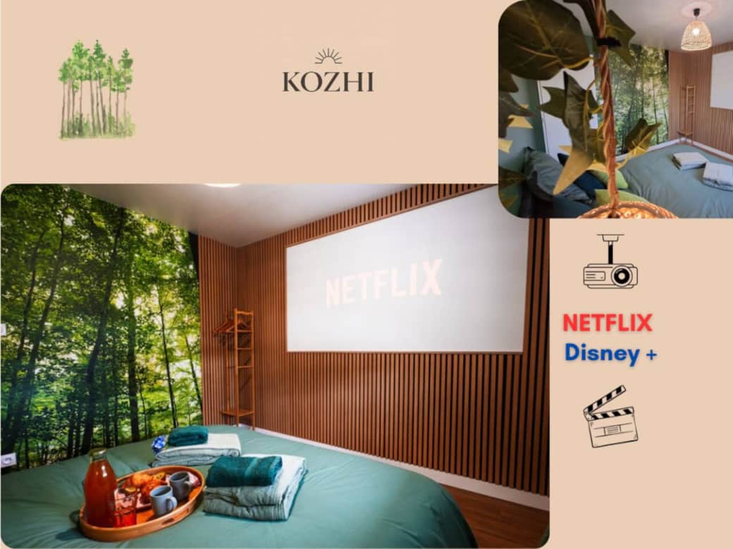 Chambre immersive et reposante : Plongez en pleine nature avec une déco forêt apaisante, un lit queen size confortable, un vidéoprojecteur et grand écran avec Netflix et Disney+. Linge de lit fourni pour un séjour tout confort.
Chambre immersive et reposante : Plongez en pleine nature avec une déco forêt apaisante, un lit queen size confortable, un vidéoprojecteur et grand écran avec Netflix et Disney+. Linge de lit fourni pour un séjour tout confort.
