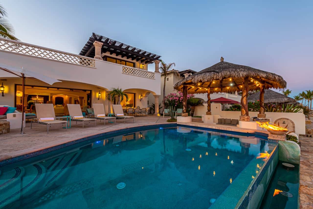Pool area at sunset