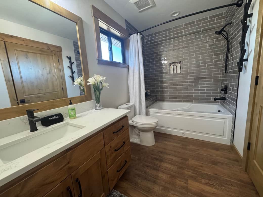 Spacious bathroom with soaking tub.