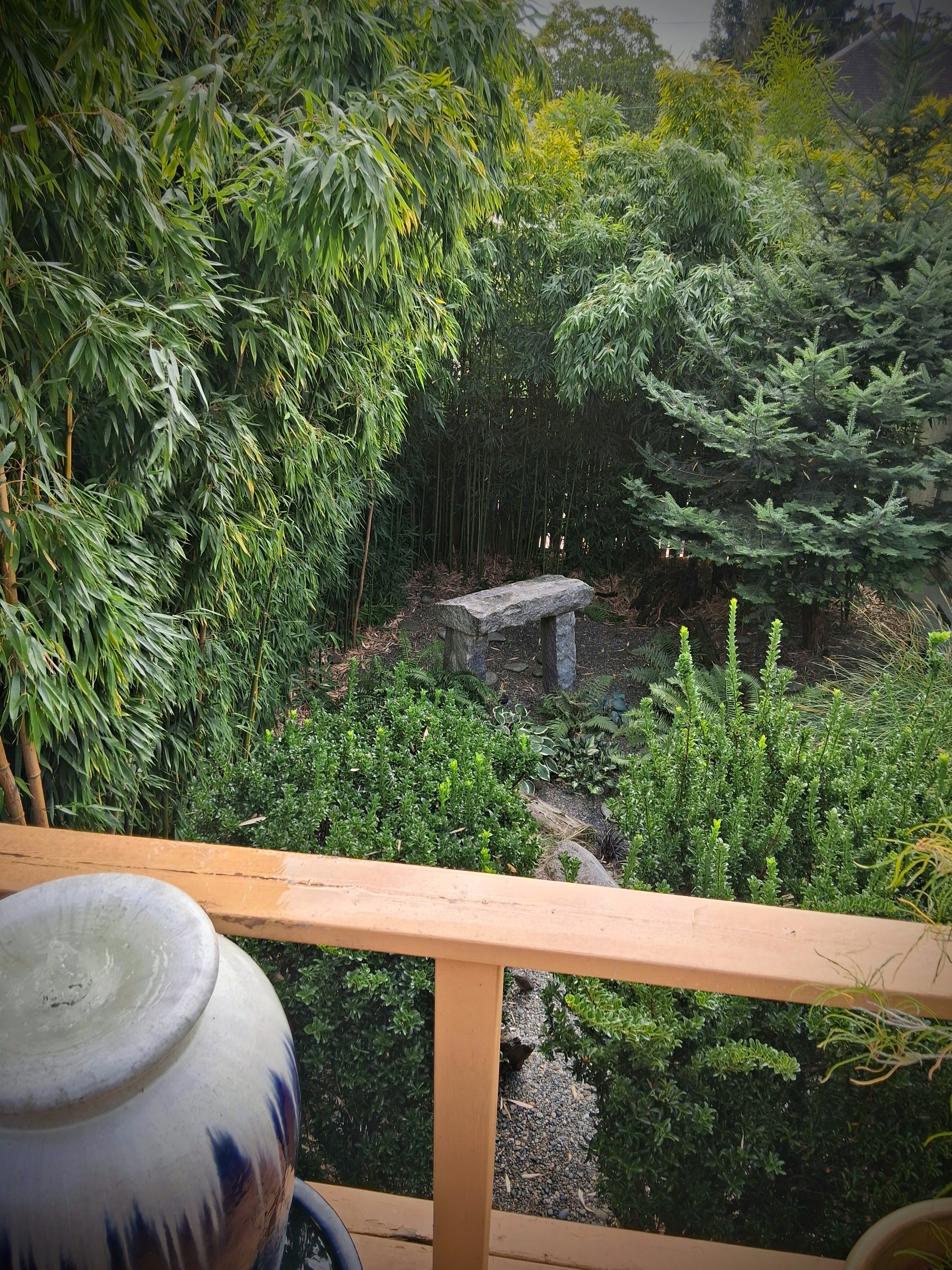 The deck looks down on the back garden, a wall of bamboo and stone π sculpture.