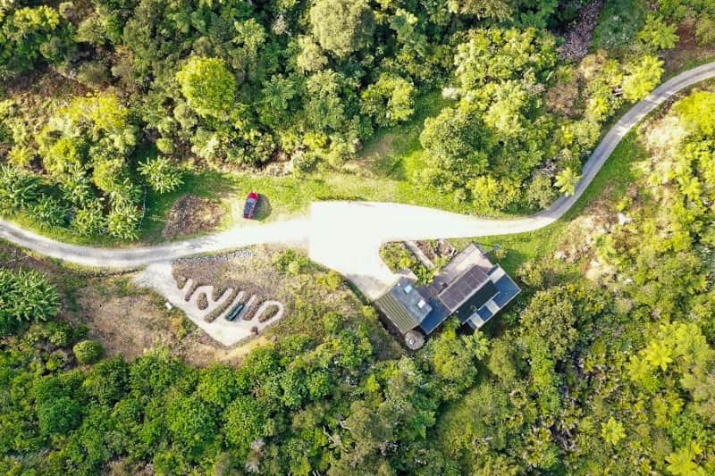 Aerial view of the lodge and vegetable garden