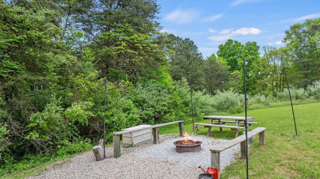 Firepit with Ediston Lighting and Plenty of Seating at Rustic Ridge Lodge Hocking Hills OH Cabin Ren