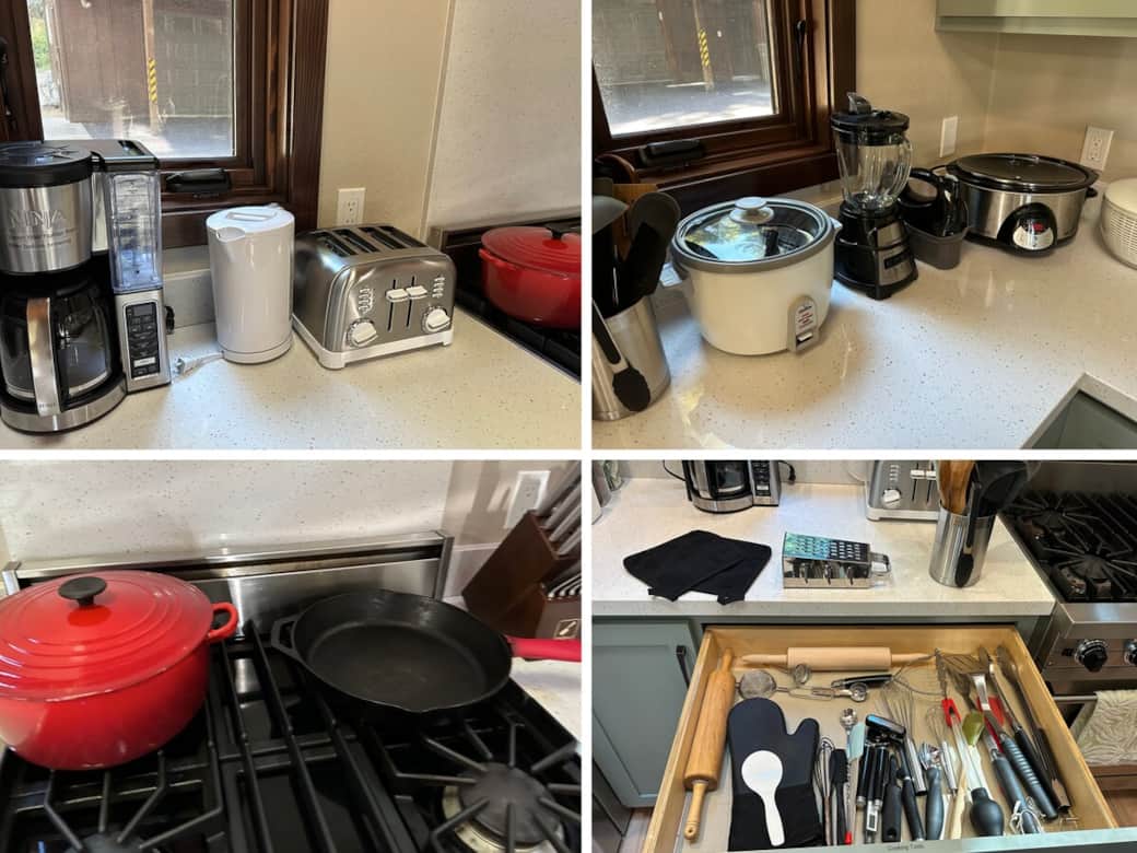 Coffee and tea are provided. The kitchen is fully equipped with all the essential tools for a modern chef or baker. This is just a sampling, there are more baking wares, pots, and pans that are not pictured.