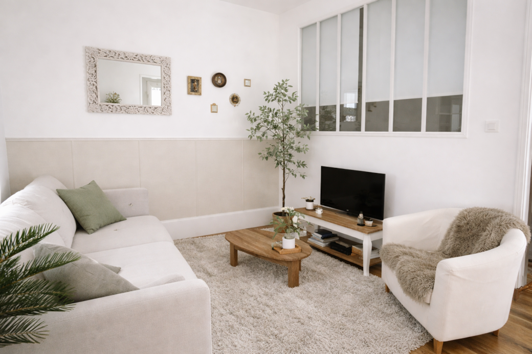 Stylish living room with high ceilings, natural light, and cozy furnishings in Carcassonne’s old tow Stylish living room with high ceilings, natural light, and cozy furnishings in Carcassonne’s old tow