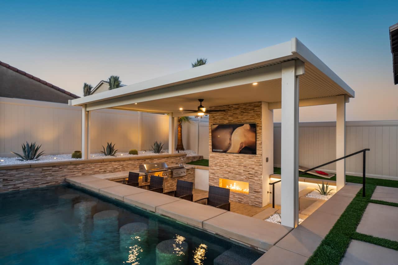 Outdoor Underground Patio, Bar, Fireplace,  Fridge, BBQ,  and 80" TV