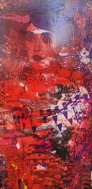 Mixed-media masked portrait with skyscraper architectural overlay