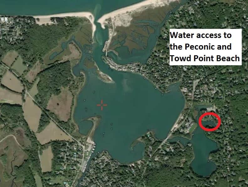 Satellite map of North Sea Harbor and Fish Cove with the house circled; water access to the Peconic and Towd Point Beach