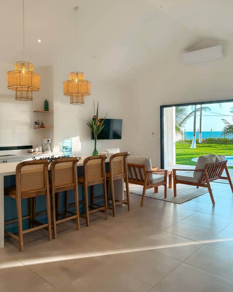 Open concept set up with ocean and pool view.
A 55” smart tv, with standard cable, and streaming apps.
