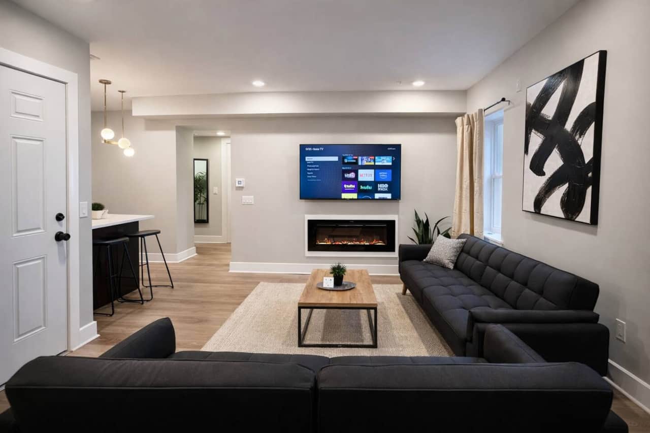Modern livingroom features a 55-inch flat screen TV, a cozy electric fireplace, and 2 futon sofa beds for flexible seating and sleeping. Bright, stylish, and comfortable, the space is perfect for relaxing, entertaining, or accommodating extra guests 