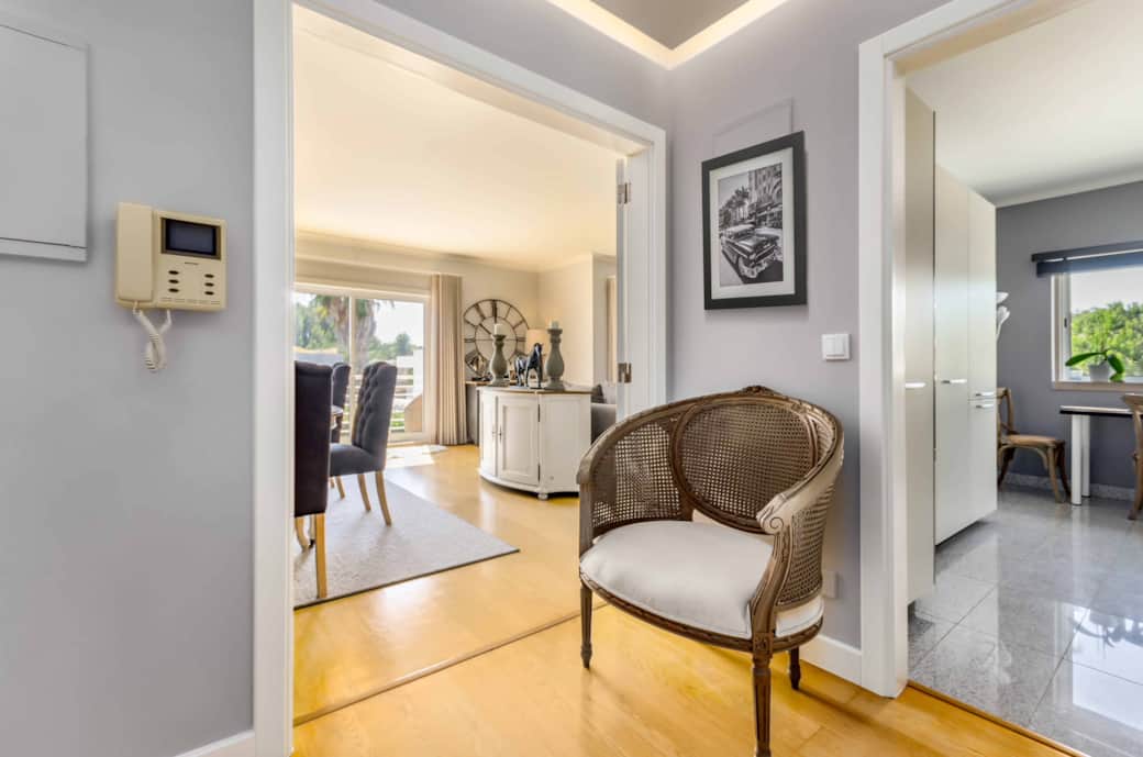 Welcome area featuring smart control panel for lights, blinds, Sonos, and tv