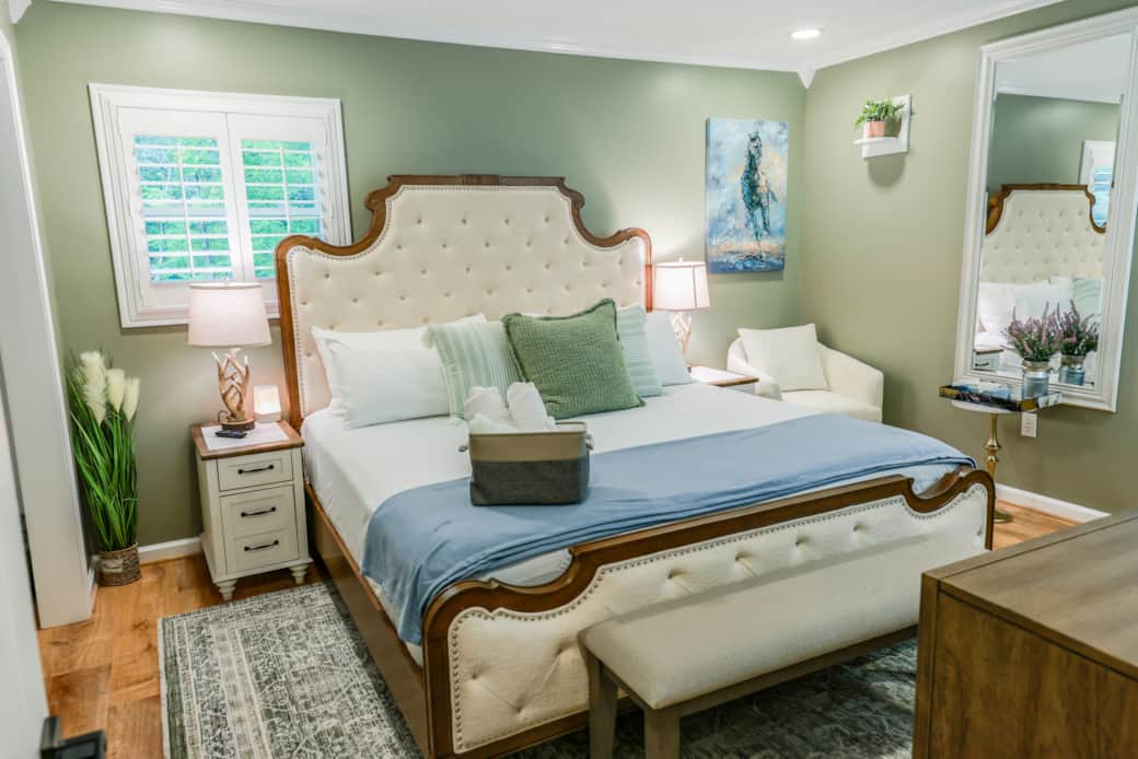 Master Bedroom with King Bed, work station, shutter blinds, and 55in TV Master Bedroom with King Bed, work station, shutter blinds, and 55in TV