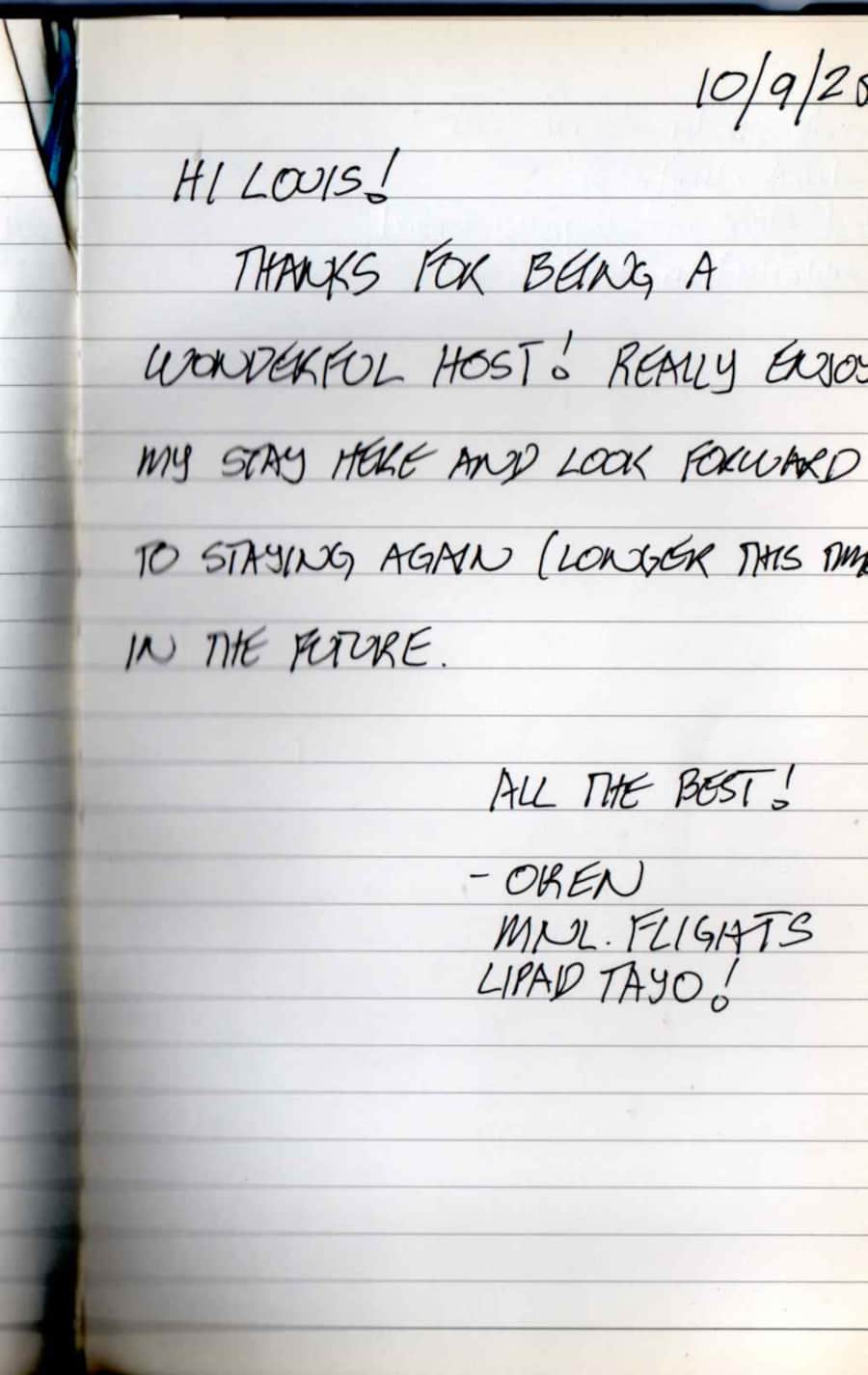 Handwritten guest note from Raya P09 guest book
