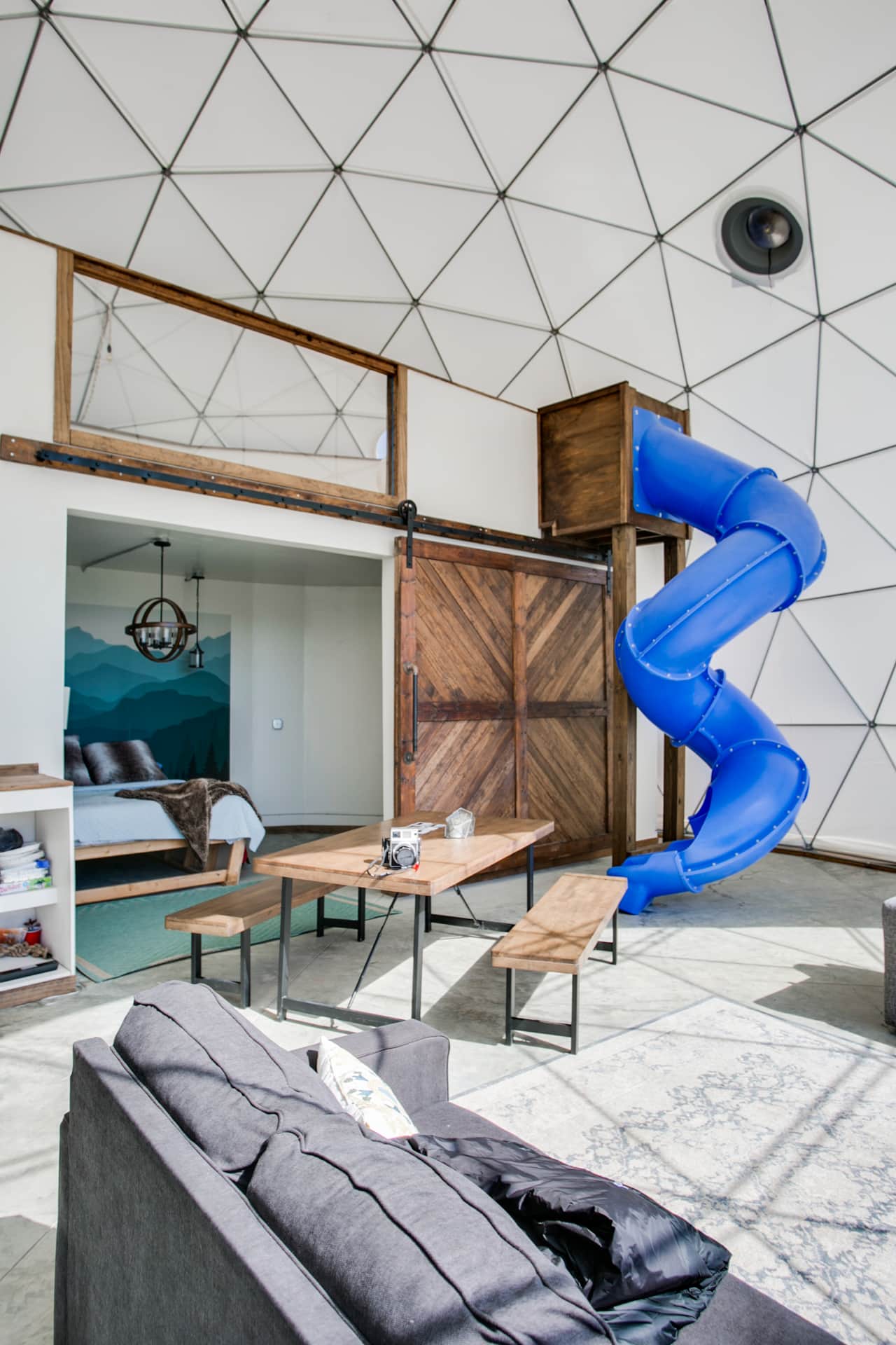 Asheville Glamping- Dome interior - Loft and Dome bedroom with slide from Loft