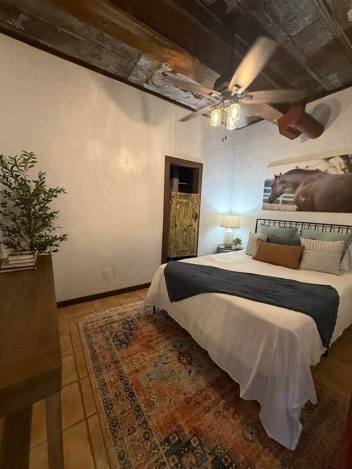 Queen bed with private bathroom. 