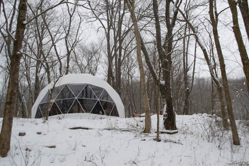 View of the front of the dome during our winter months. Truly a winter wonderland. View of the front of the dome during our winter months. Truly a winter wonderland.