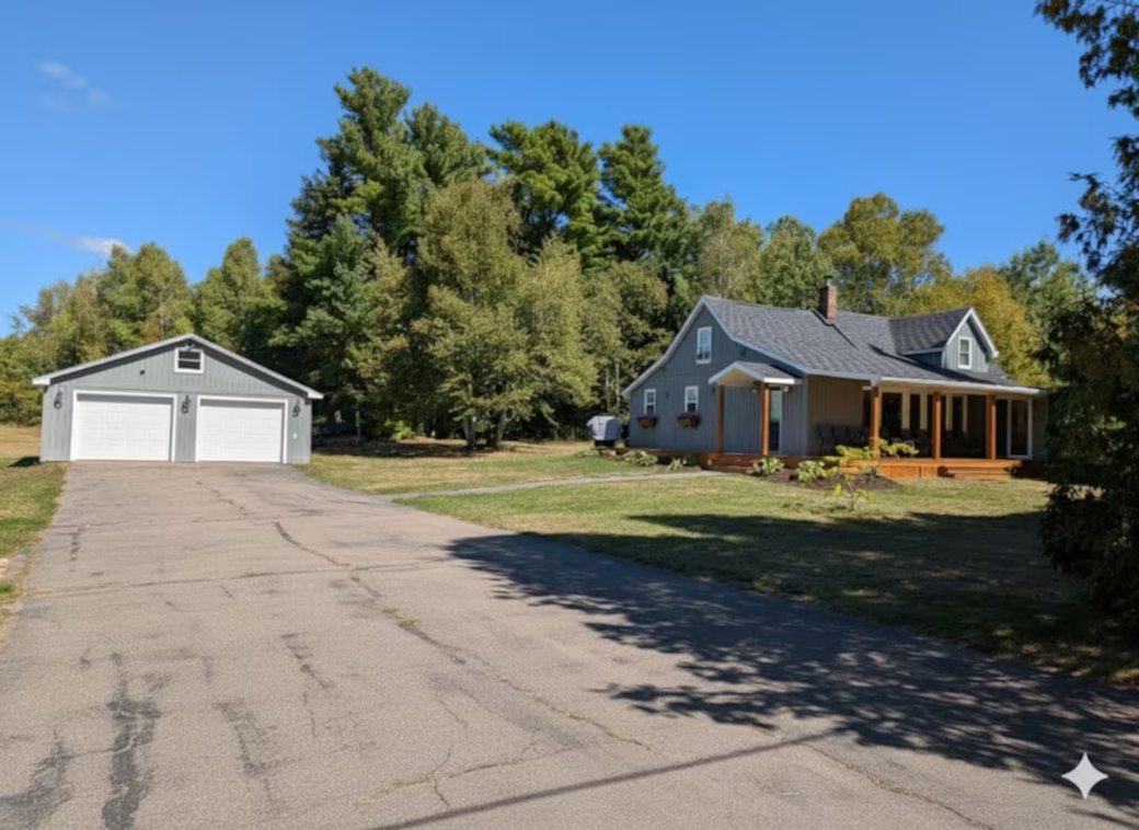 Cottage - driveway - garage - lots of parking.