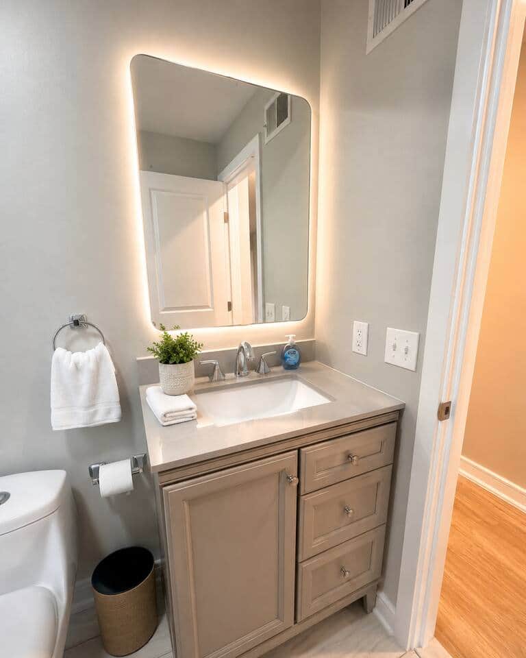 Clean and modern bathroom featuring a refreshing shower, illuminated vanity mirror, spacious sink, fresh towels, and convenient storage—perfect for getting ready or unwinding after a long day