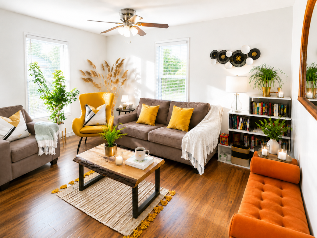 Bright living room with electric fireplace, Smart TV and comfortable seating for your group Bright living room with electric fireplace, Smart TV and comfortable seating for your group