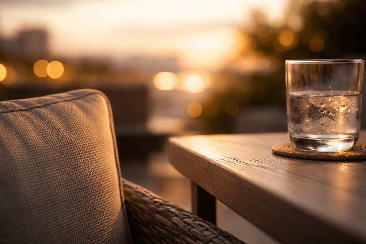 Glass of water on a wooden table on the terrace at sunset, with Worms old town in the background in the background.