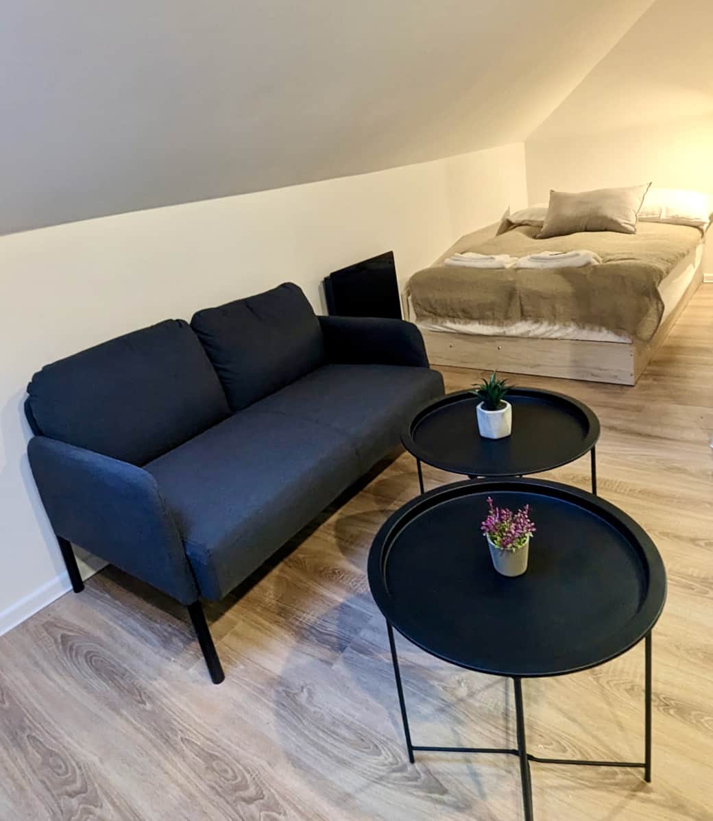 Pohovka, smart TV a kuchyňský kout plně vybavený.