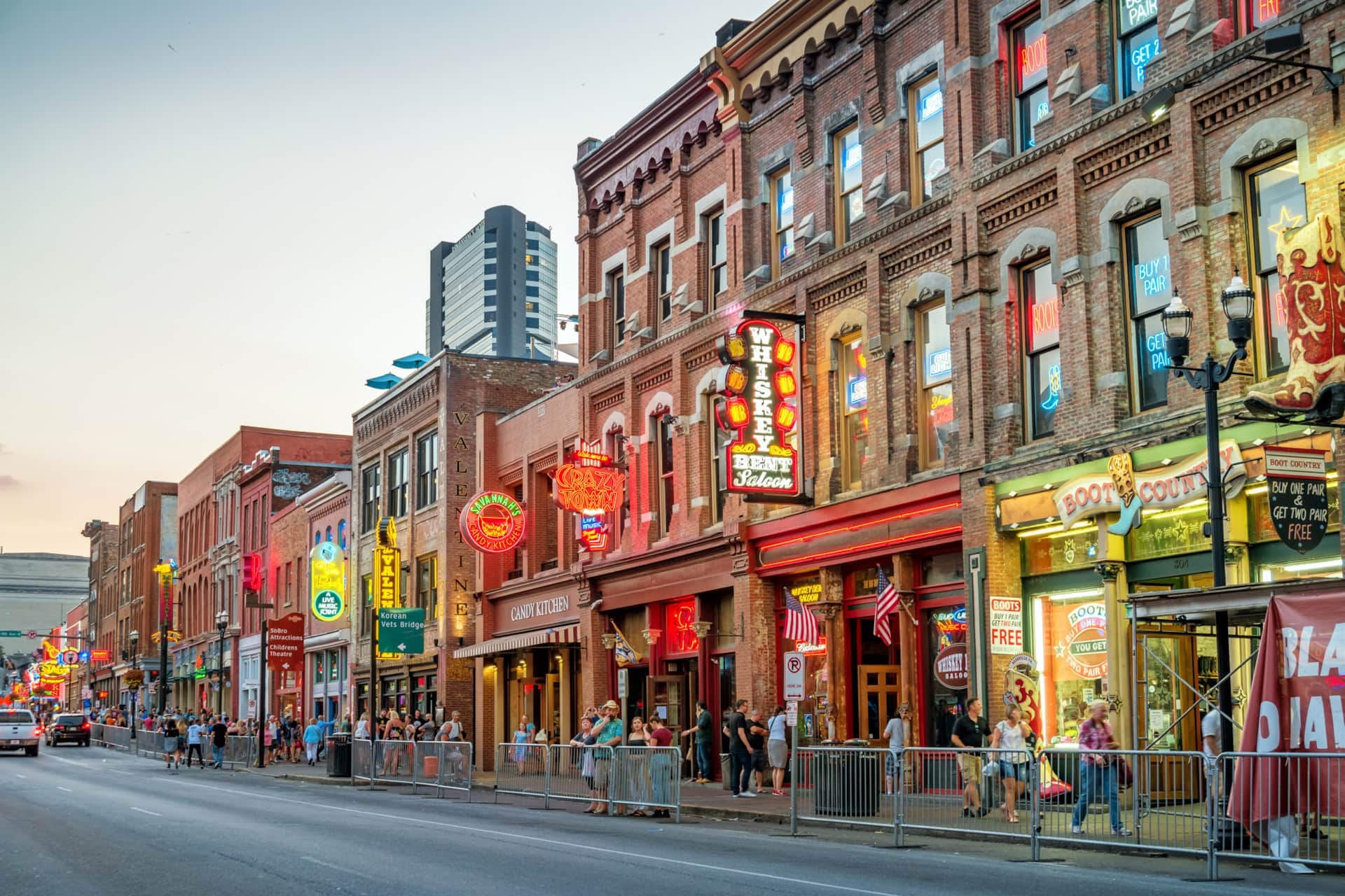 Broadway street in Nashville at dusk