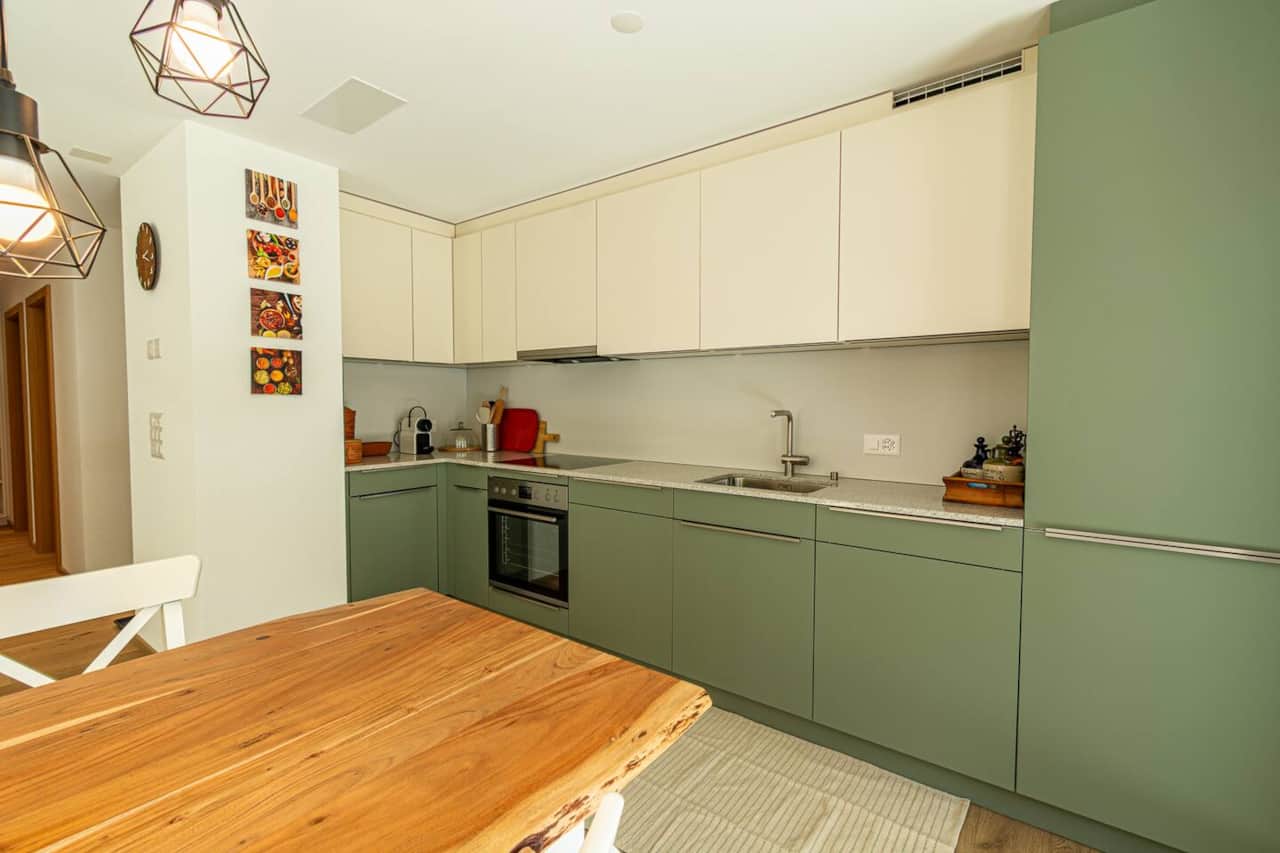 The kitchen is equipped with a fondue set, raclette set and a nespresso machine