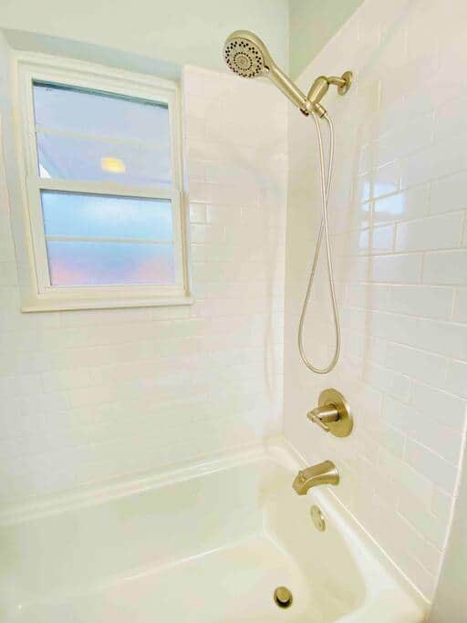 Our newly remodeled shower/tub combination is perfect for all of guests. Our newly remodeled shower/tub combination is perfect for all of guests.