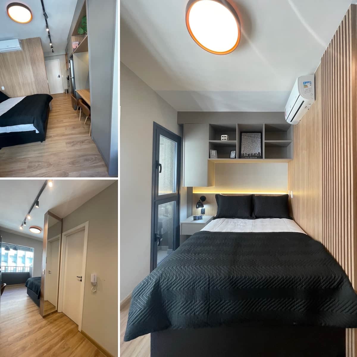 Dormitório com cama de casal integrado e ar condicionado quente/frio.